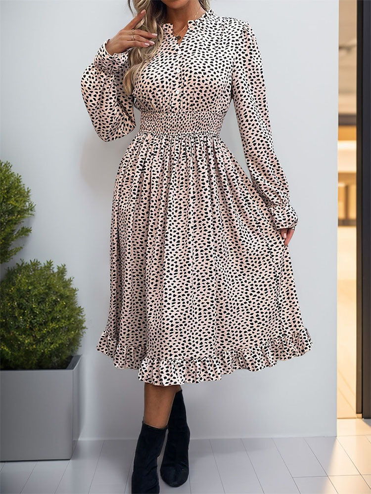 Pleated Long Sleeved Leopard Print Dress