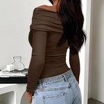 Ruched One Shoulder Long Sleeve T-Shirt - runwayfashionista,.com