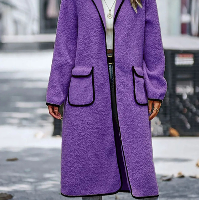 Contrast Trim Long Sleeve Coat with Pockets - runwayfashionista.com