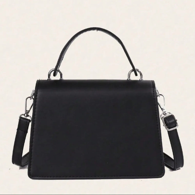 Chain PU Leather Handbag with Detachable Shoulder Strap - Black & Ivory
