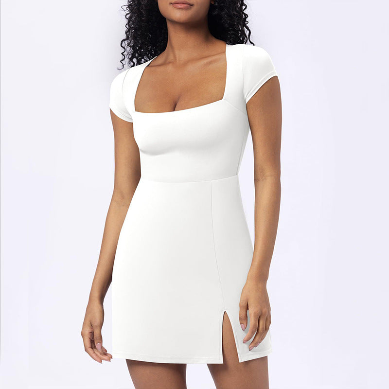 Elegant U-Neck A-Line Midi Dress - white