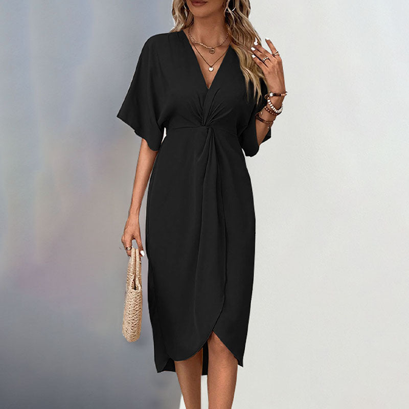 A collection of irregular hem midi dresses in black, khaki, burgundy, and military green, featuring V-necks, short sleeves, and pleats.