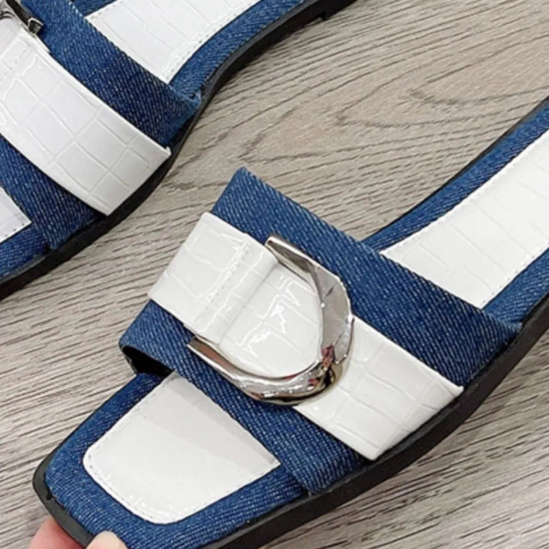 Buckle Trim Open Toe Flat Sandals - Elegant & Comfortable