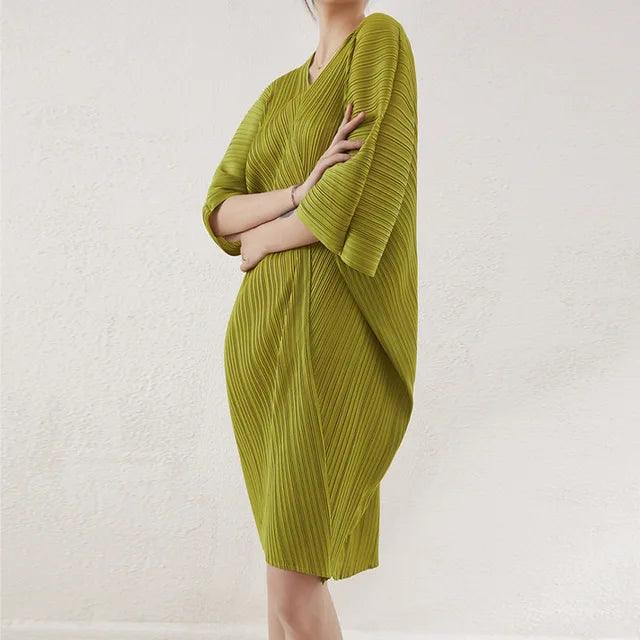 Bat-Sleeved V-Neck Chiffon Dresses