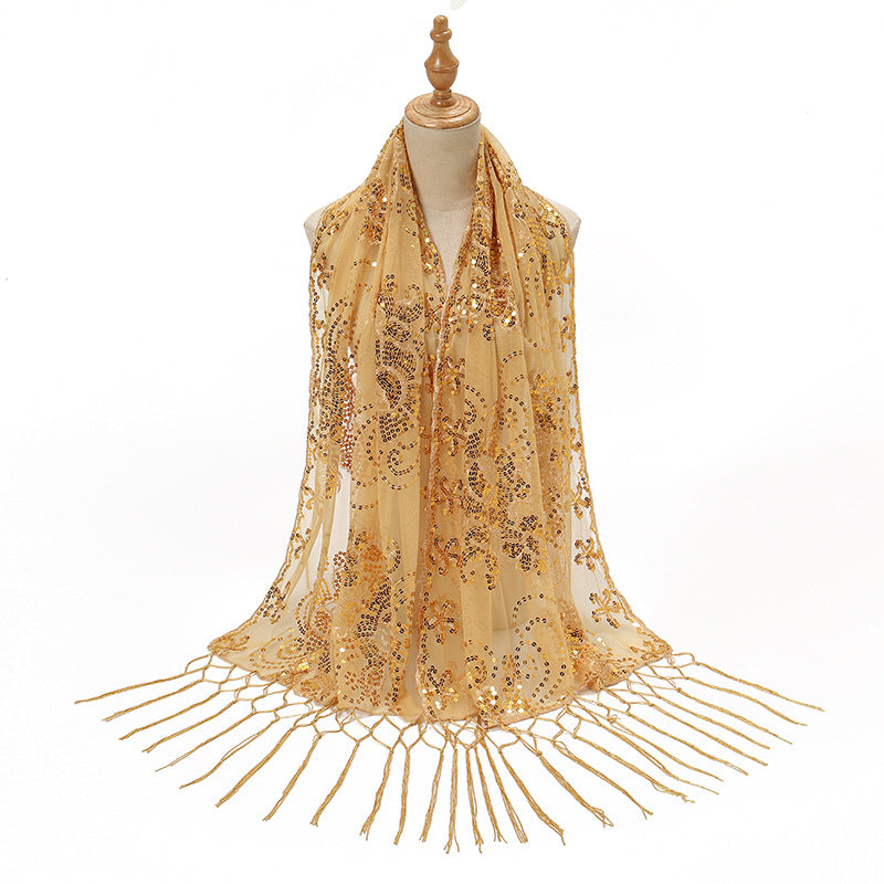Long Fringe Sequin Embroidered Shawl