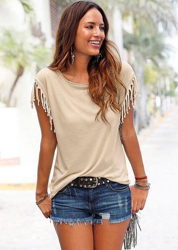 Round neck short sleeved tassel tie t-shirt top | 1 | eprolo