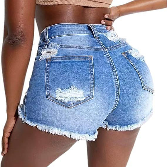 A pair of deep blue, high-waisted, hole-trimmed skinny denim shorts for women.