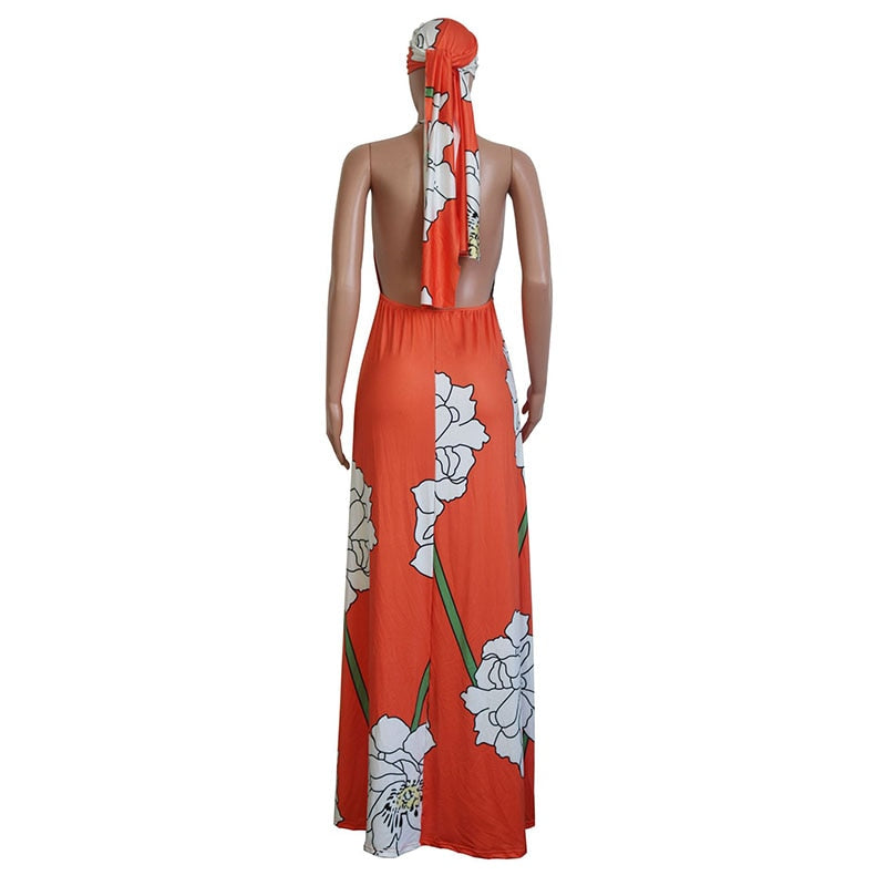 Floral Print Maxi Dress With Headscarf - runwayfashionista.com