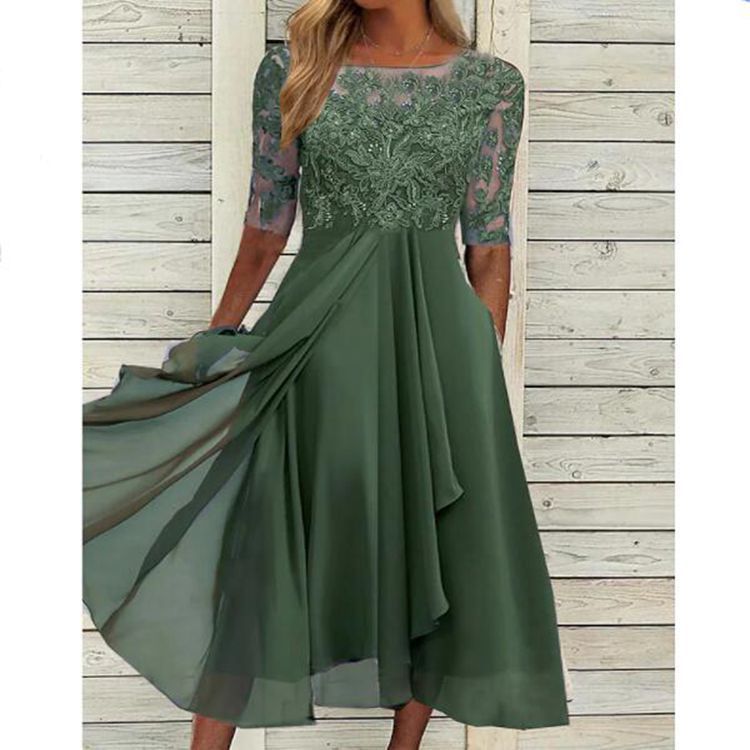 Elevate Your Presence: The Elegant Chiffon Lace Hollow-Out Maxi Dress - green