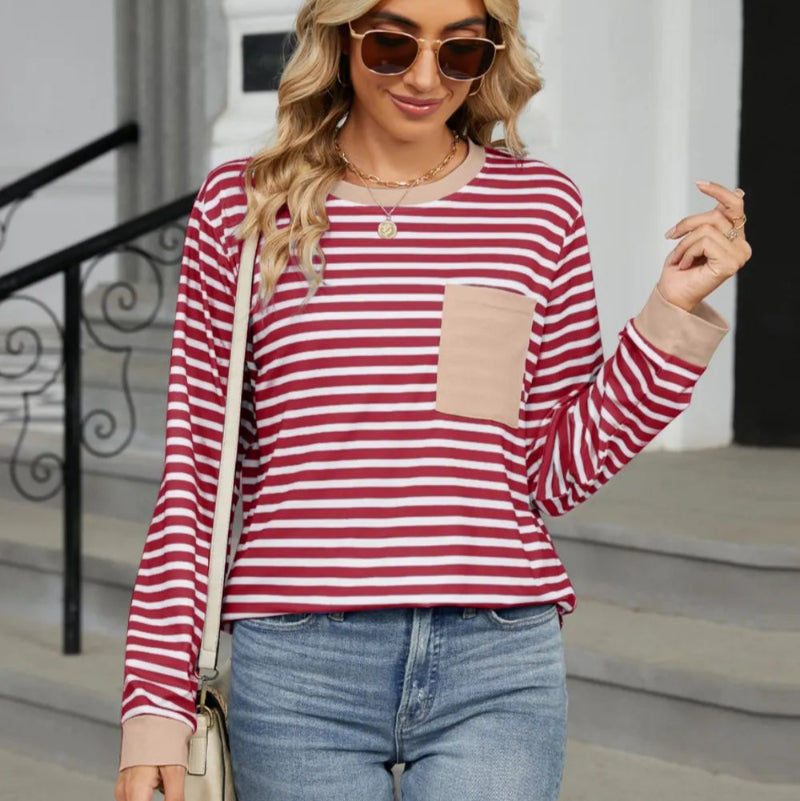 Pocketed Striped Round Neck Long Sleeve T-Shirt - runwayfashionista.com