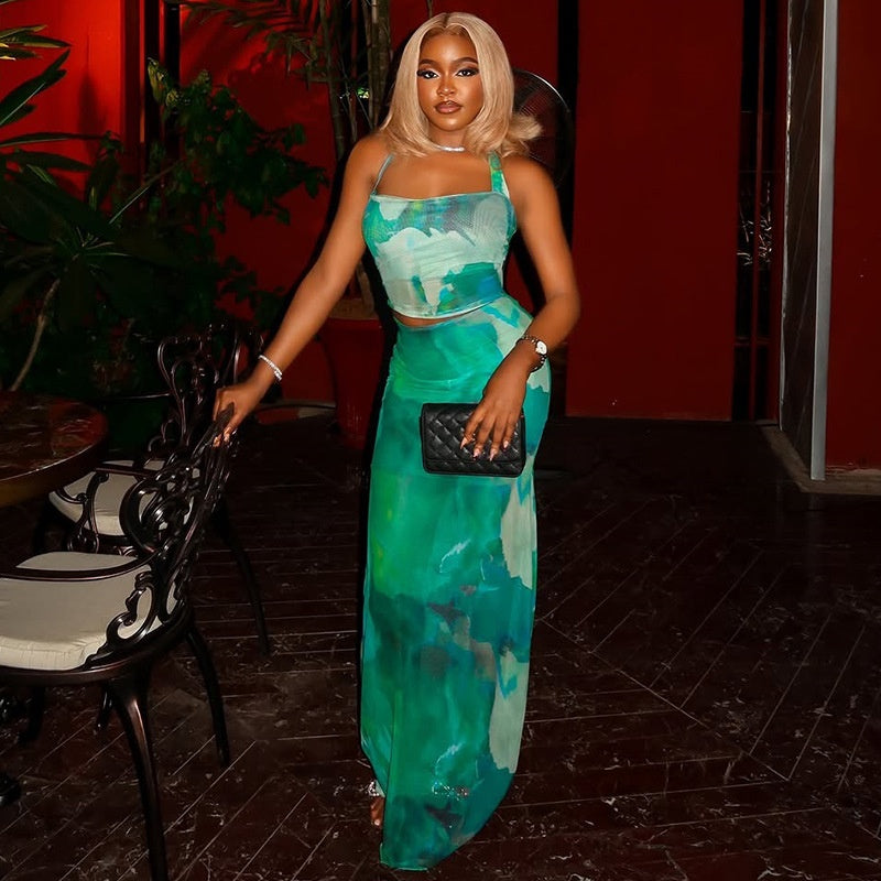 Slim fit hip-hugging two-piece suspender long skirt set in green