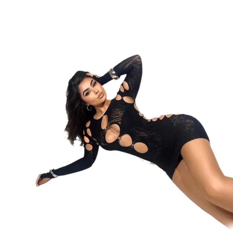 A hip-hugging mini dress with see-through long sleeves and a round neck, available in pink, black, off-white, matcha, and sky blue.