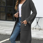 Pocketed Button Up Long Sleeve Hooded Cardigan - runwayfashonista.com
