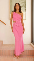 A fitted strapless midi dress in a solid color (red, yellow, or blue), designed for office wear, with a high waist.