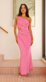 A fitted strapless midi dress in a solid color (red, yellow, or blue), designed for office wear, with a high waist.