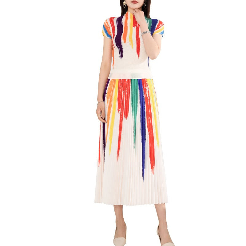 Contrast Color Pleated 2 Pieces Set - runwayfashionista.com