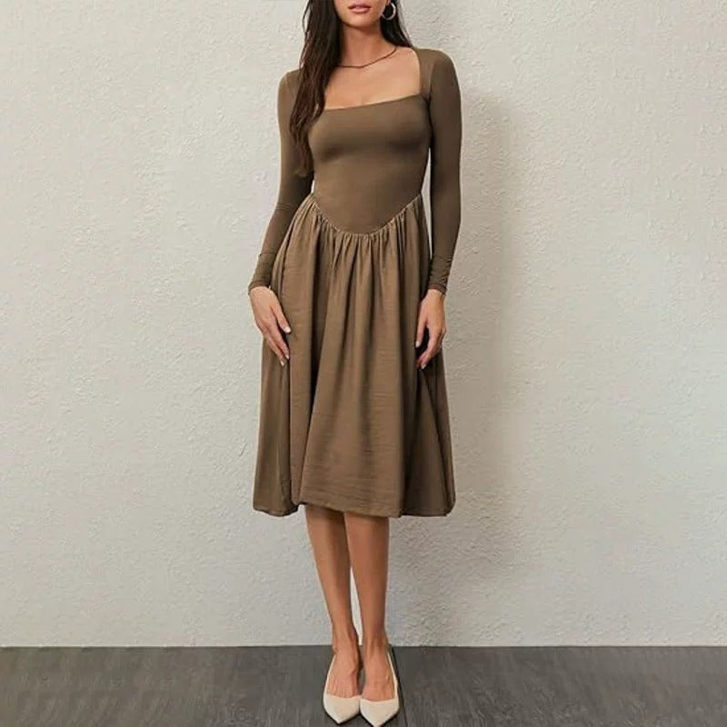 Square Neck Long Sleeve Pleated Midi Dress - brown