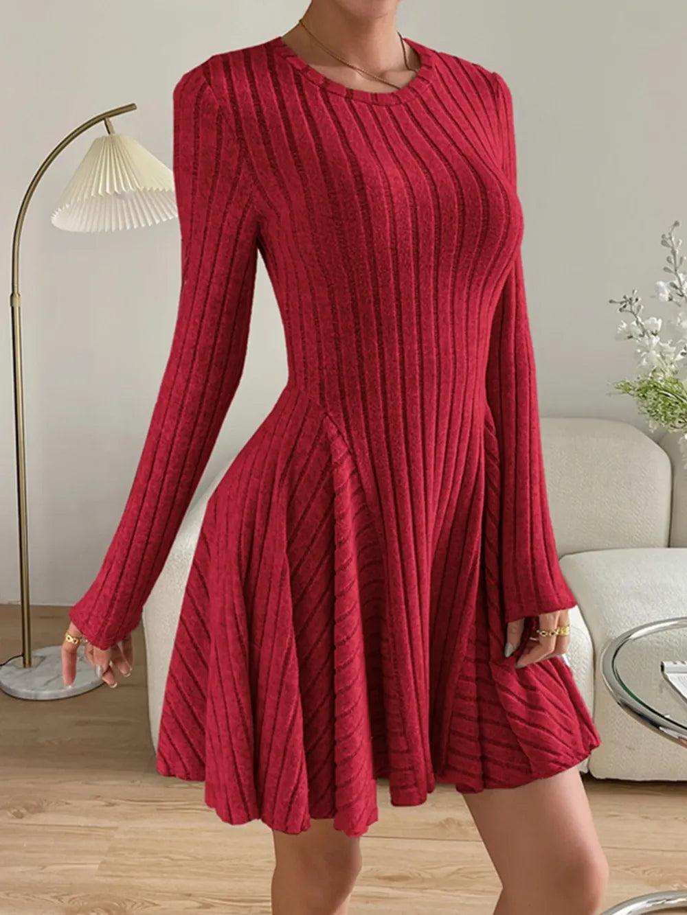 Ribbed round neck long sleeve dress