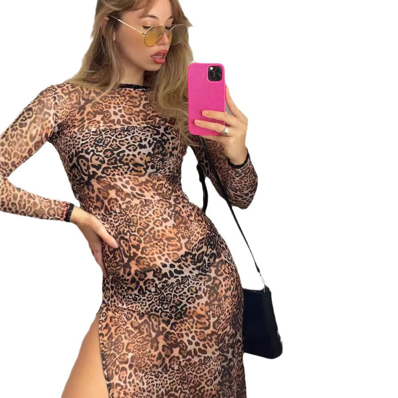 This daring mesh midi dress features a round neckline and long sleeves for a bold, stylish look.