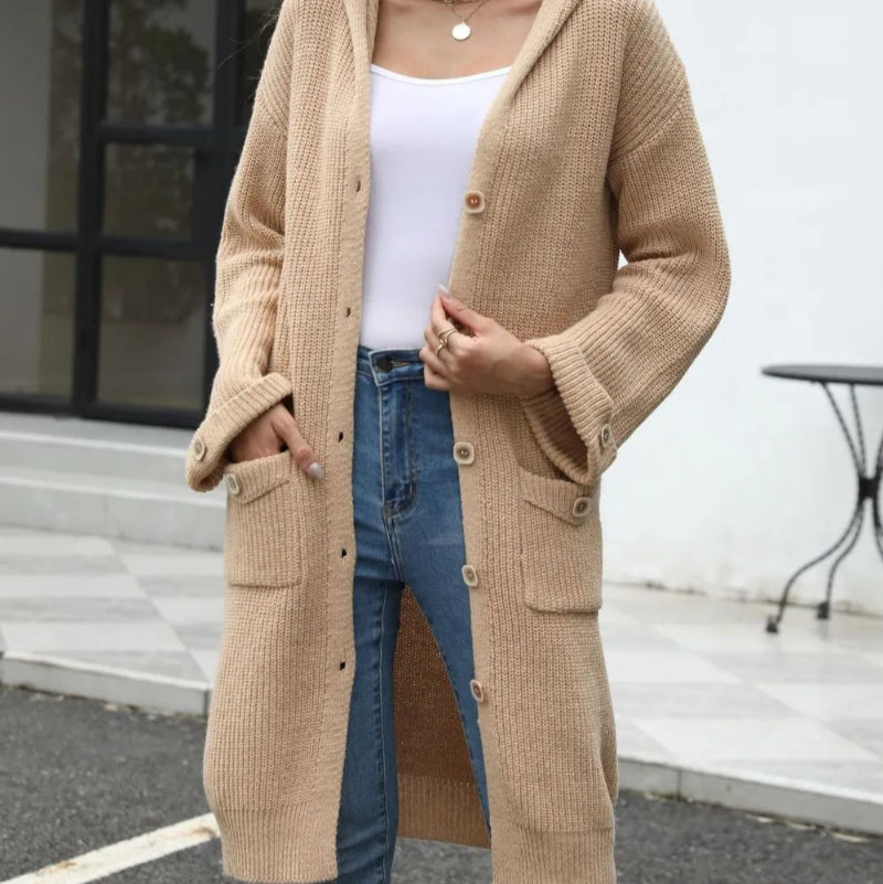Pocketed Button Up Long Sleeve Hooded Cardigan - runwayfashonista.com