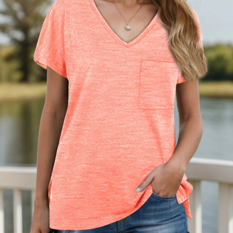 Pocketed Heathered V-Neck Short Sleeve T-Shirt - runwayfashionistacom