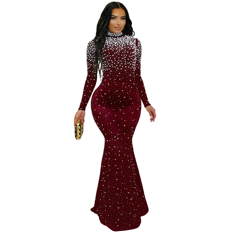 Elegant High Neck Rhinestone Beaded Bodycon Maxi Dress - Red Wine