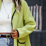 Contrast Trim Long Sleeve Coat with Pockets - runwayfashionista.com