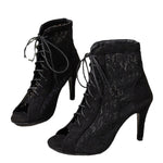 A pair of black, ultra-high, slim high-heeled mesh sandal boots with a fish-mouth toe.