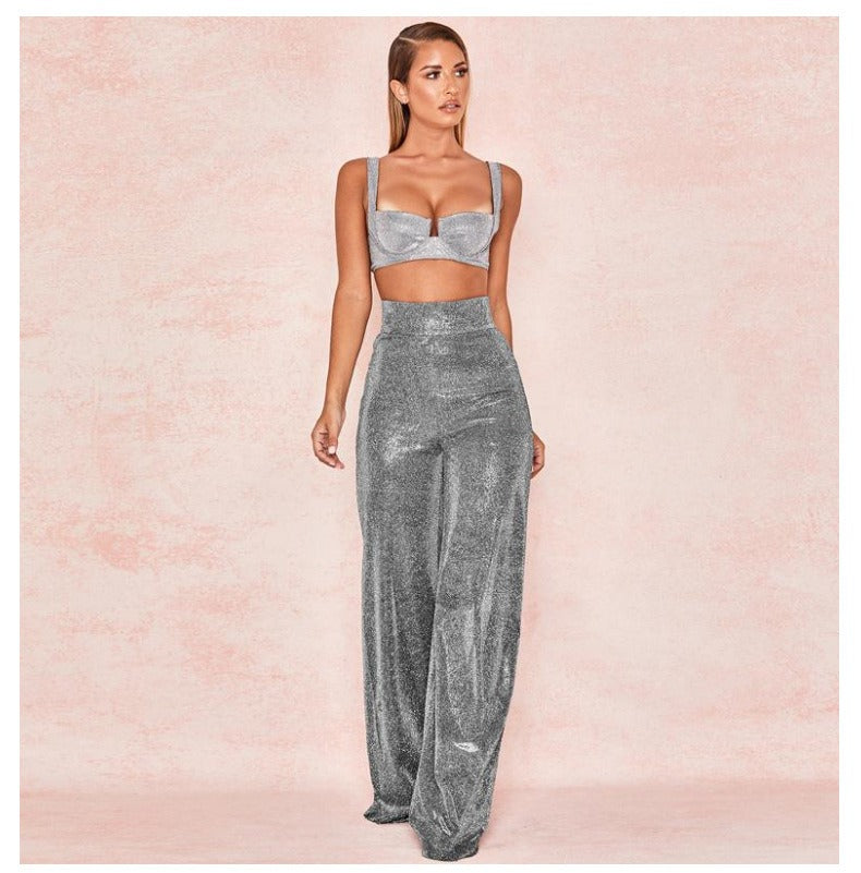 Silver-iron wide-leg pants high waist