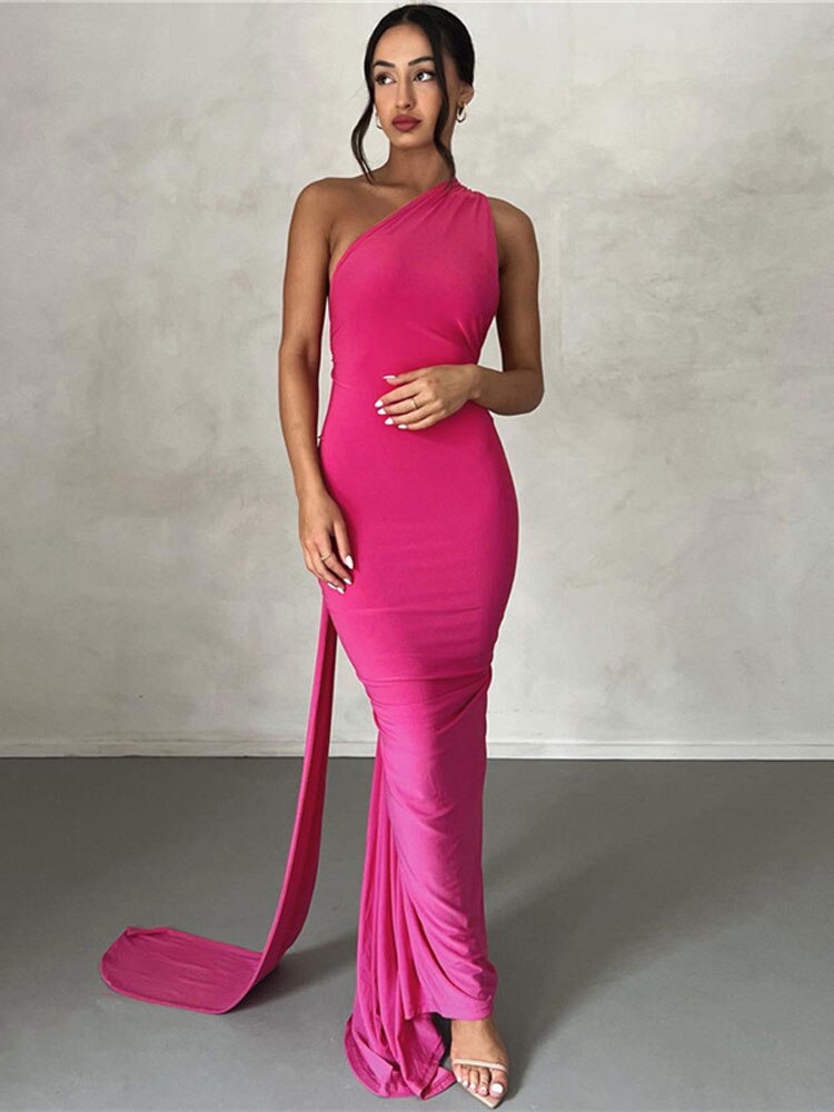 Oblique Shoulder Pleated Maxi Dress - runwayfashionista.com