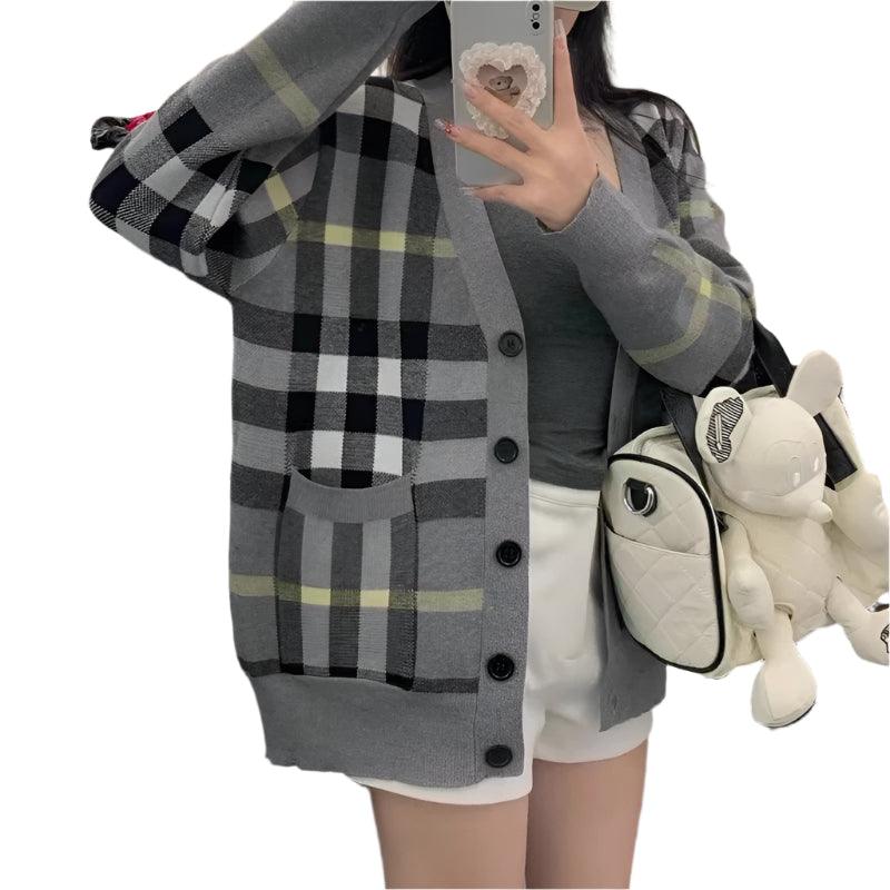 Knitted Plaid Cardigan