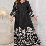 Honey Plus Size Printed V-Neck Long Sleeve Maxi Dress. Elegant V-neck, all-over print, long sleeves, comfortable stretch fabric.