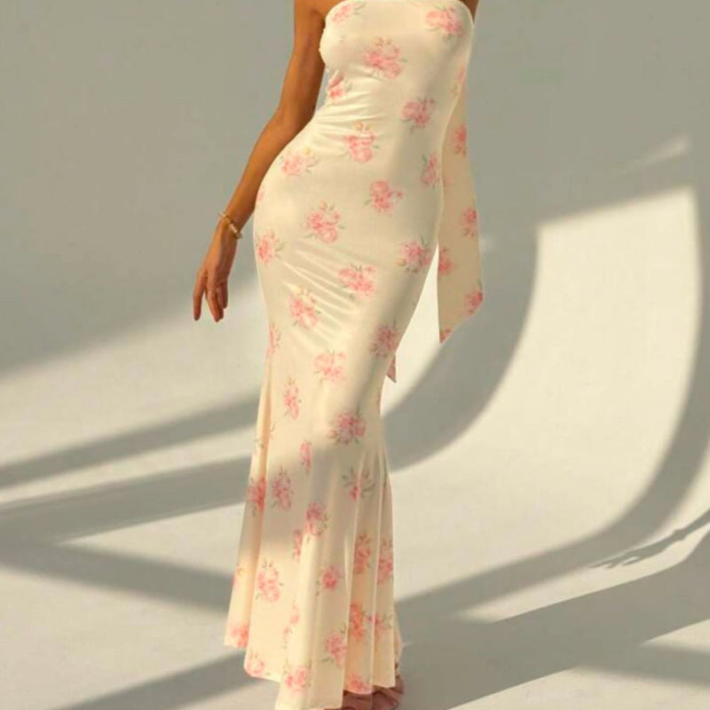 Elegant Strapless Ribbon-Trimmed Evening Gown - white