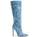 Multicolored Gemstone Denim Knee High Boots - runwayfashionista.com