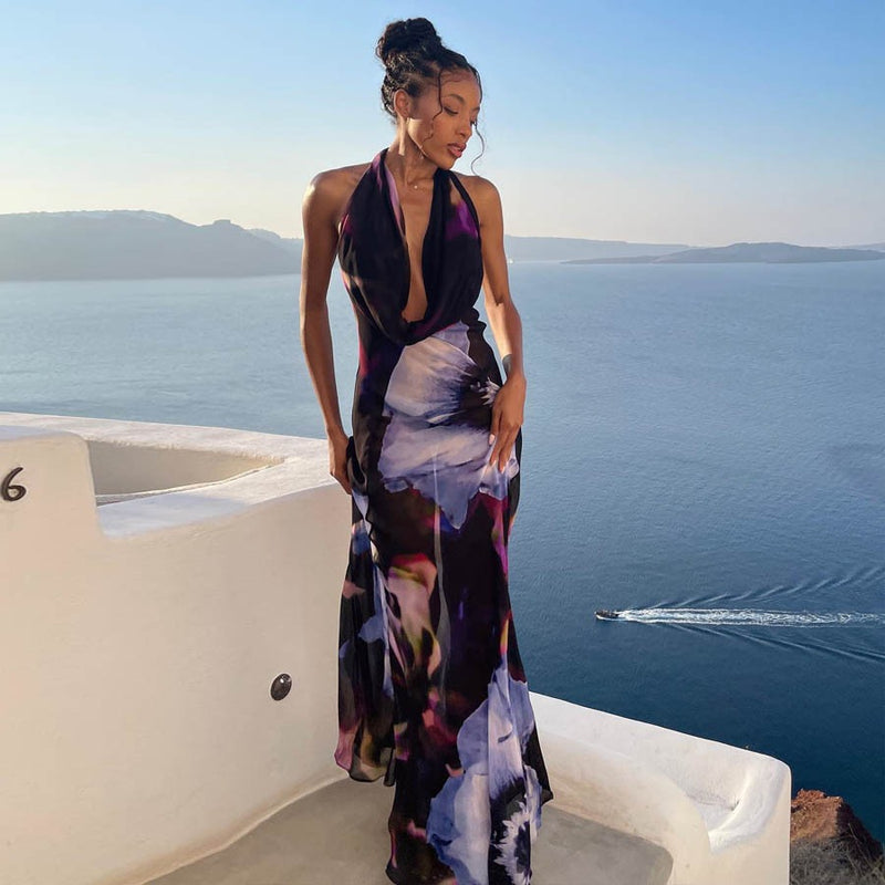 Backless Printed Hanging Neck Gowns - runwayfashionista.com