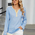 Striped Notched Long Sleeve T-Shirt - runwayfashionista.com
