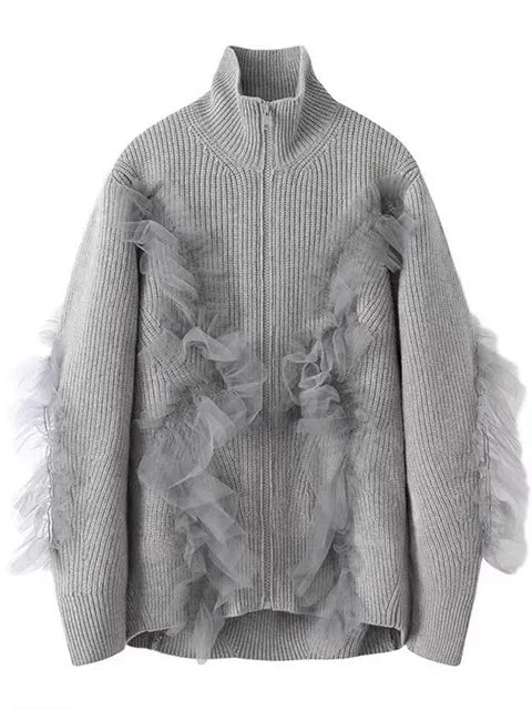 Solid Mesh Spliced Knitted Cardigan - runwayfashionista.com