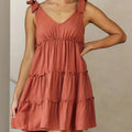 Full size frill v-neck tie shoulder mini dress in a solid color with ruffled details and an opaque finish -runwayfashionistacom