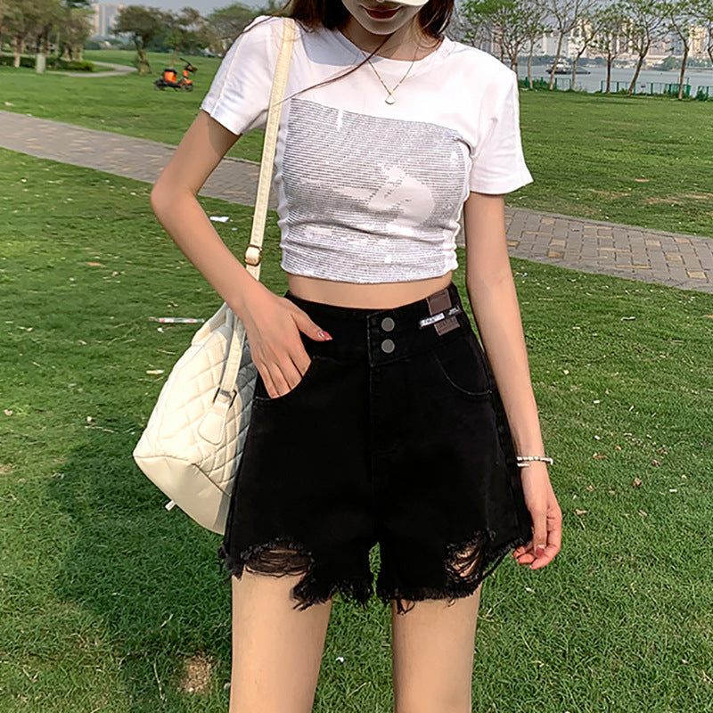 Versatile Casual High-Waisted Double-Button Denim Shorts