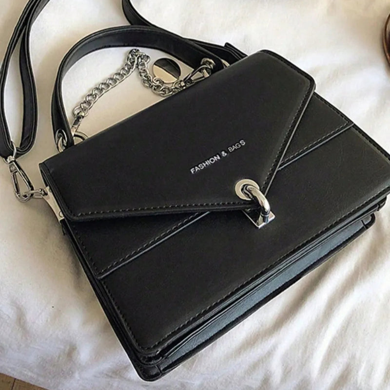Chain PU Leather Handbag with Detachable Shoulder Strap - Black & Ivory