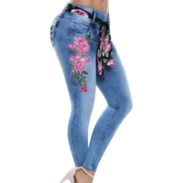 Stretch High Waist Skinny Embroidery Jeans - runwayfashionista.com