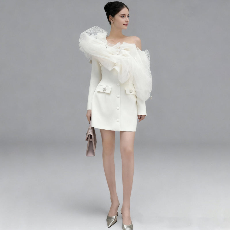 Mesh Cloud Shoulder Diamond Pendant Mini Dress