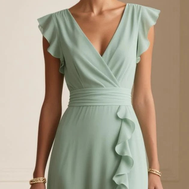 V-Neck Ruffle Maxi Dress - green