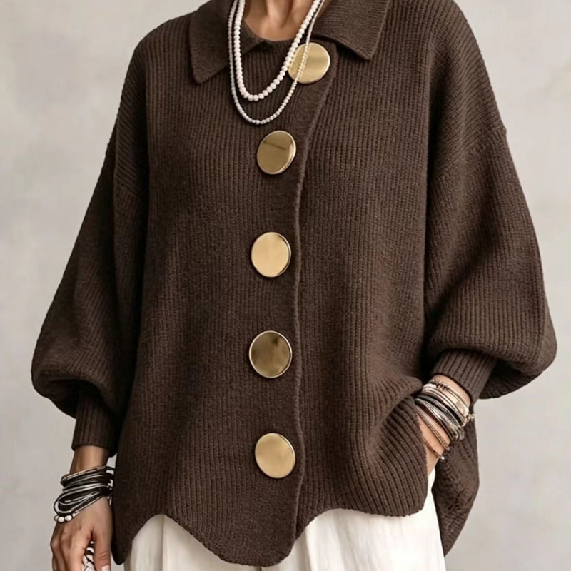 Collared Knit Sweater with Statement Buttons - brown