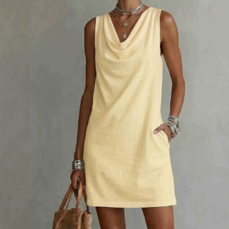 Draped Neck Sleeveless Vacation Mini Dress - yellow