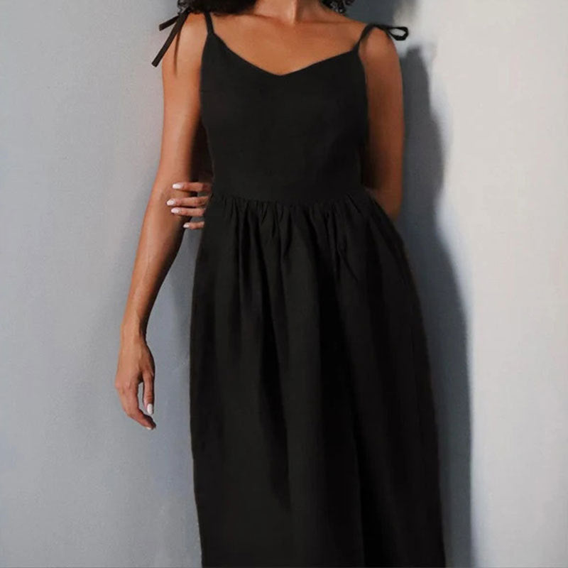 V-neck Suspender Split Midi Dress - black