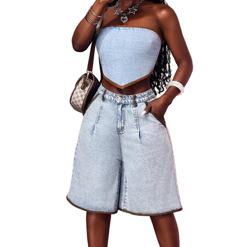 Wide Leg Denim Bermuda Shorts