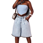 Wide Leg Denim Bermuda Shorts
