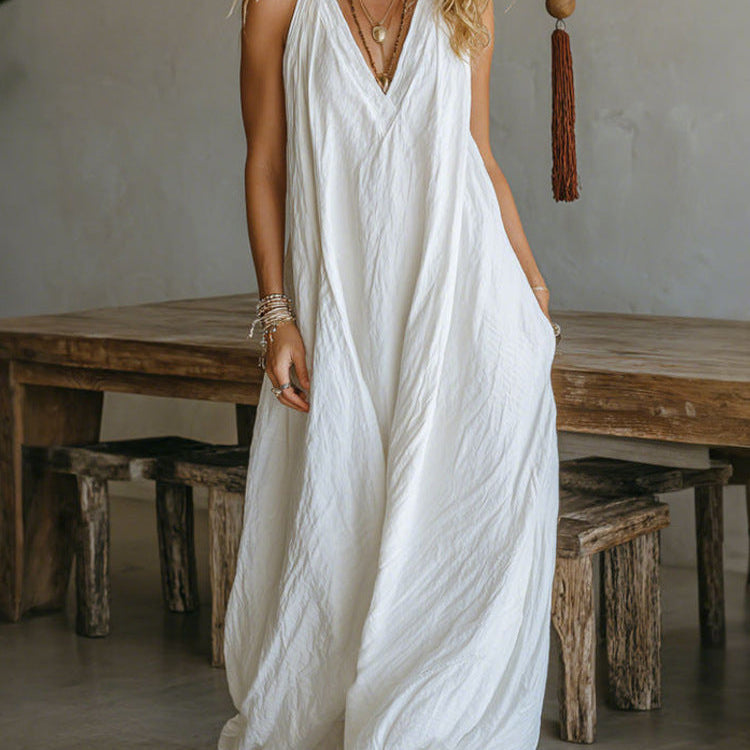 Casual Sleeveless Loose Fit Vest V-neck Maxi Dress With Front Pockets - white