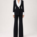 Contrast-Lapel Blazer and Flared Pants Suit